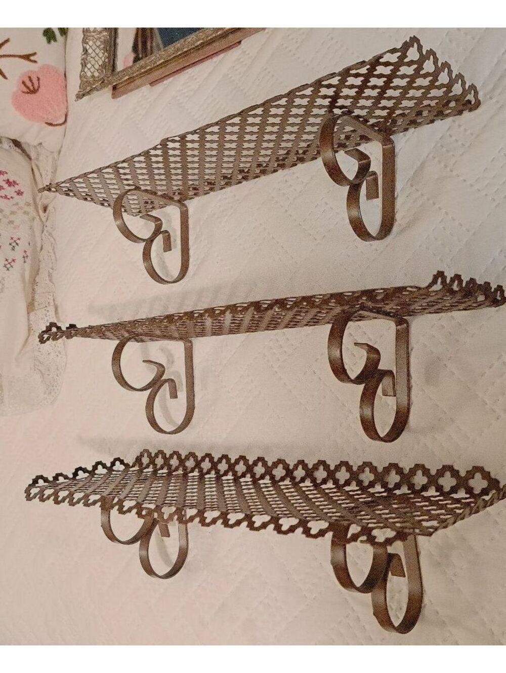 Set of 3 Vintage Brown Metal Heart Wall Shelves with Decorative Lattice Design